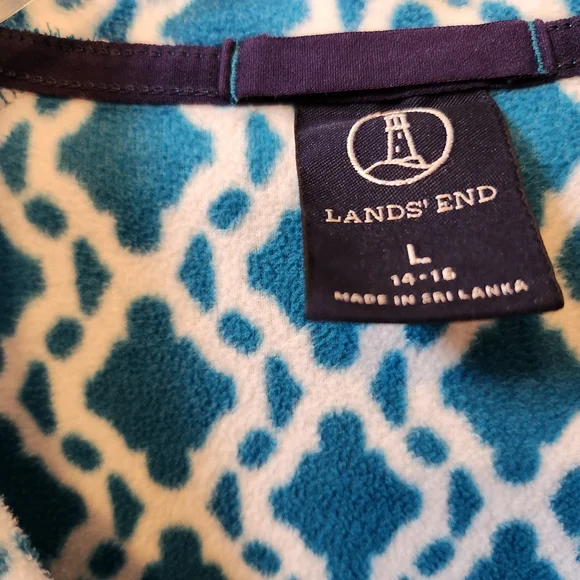 Lands End, Large 14-16, Teal & White, Long Sleeve Zippered Fleece Top - Picture 2 of 5